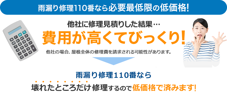 雨漏り修理110番なら必要最低限の低価格!他社に修理見積した結果費用が高くてびっくりしたという方も!雨漏り修理110番なら「壊れたところだけ」修理するので低価格で済みます!