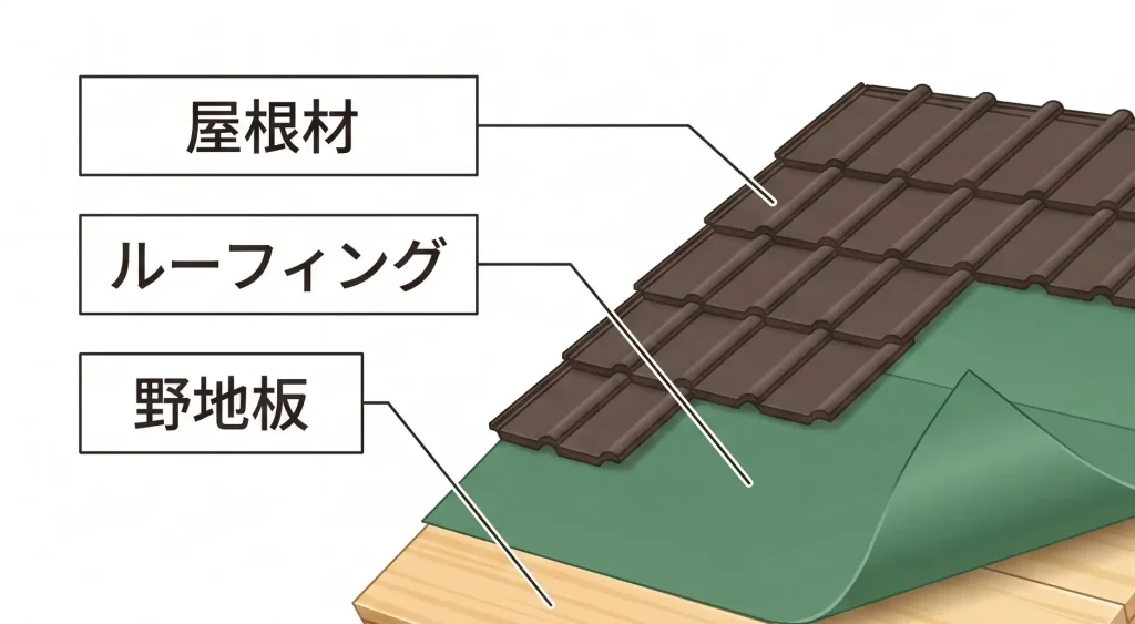 屋根材とルーフィングと野地板の重なり